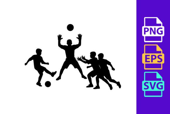 Dynamic Football Action: Silhouette of Four Men Playing Soccer Clipart