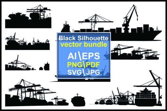 Silhouettes of Cargo Ships and Cranes at Port