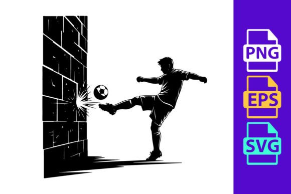 Soccer Player Kicking Ball Against Brick: Dynamic Vector Clipart